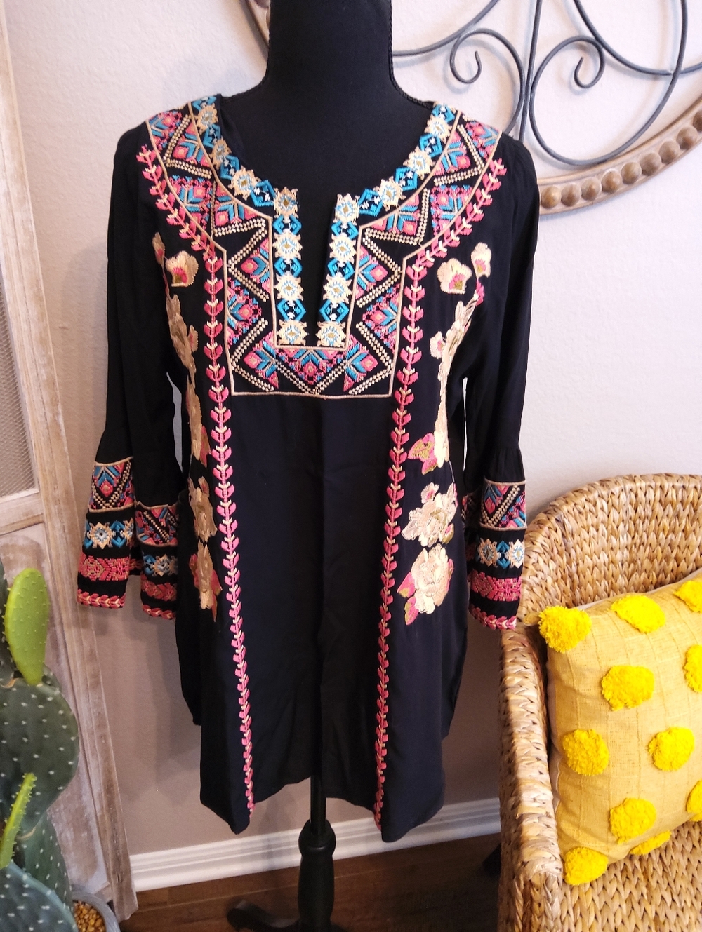 Altar'd State Black Embroidered Tunic with Pink & Blue Floral Accents